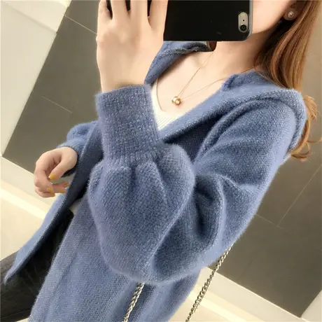 女士毛衣开衫外套2023秋装新款宽松外穿貂绒上衣雪尼尔连帽针织衫商品大图