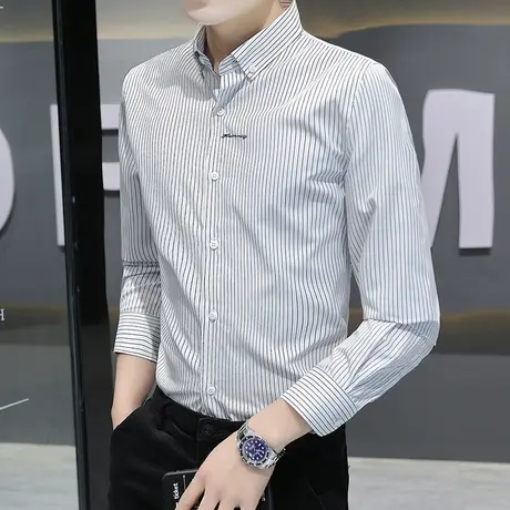 长袖男士细条纹衬衫春秋高级感刺绣商务休闲正式衬衣内搭潮流男装商品大图