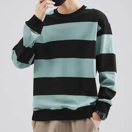 300g重磅卫衣男潮ins春秋款宽松潮流条纹圆领套头无帽上衣长袖t恤商品大图