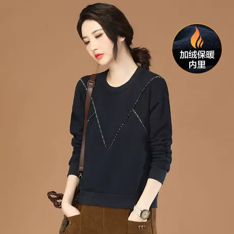 韩潮袭人圆领拼接加绒卫衣女2023冬季新款长袖宽松加厚保暖上衣图片