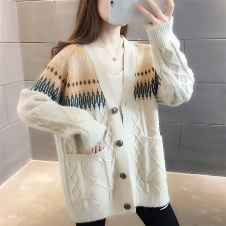 复古风针织开衫女中长款秋装2023新款宽松网红提花v领毛衣外套商品大图