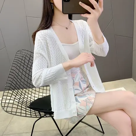 冰丝防晒衣女夏季薄款空调衫2023新款白色镂空针织开衫外套春秋款商品大图