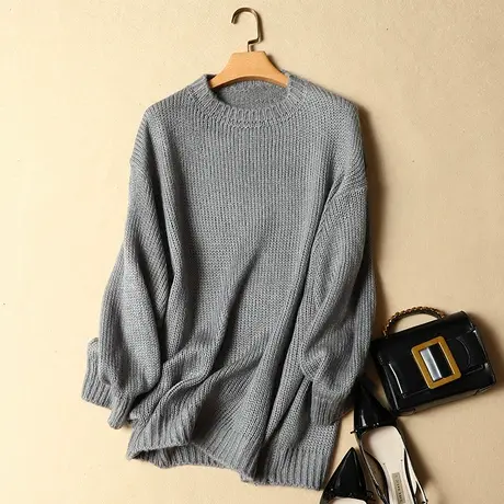 清仓！圆领毛衣女套头2023秋冬新款外搭加厚保暖宽松粗毛线复古图片