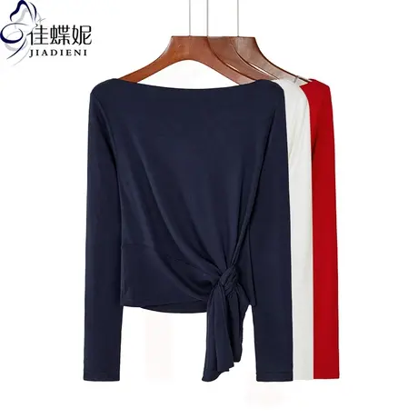 春季韩版修身纽结设计感T恤一字领短款蓝色纯色打底长袖内搭女商品大图