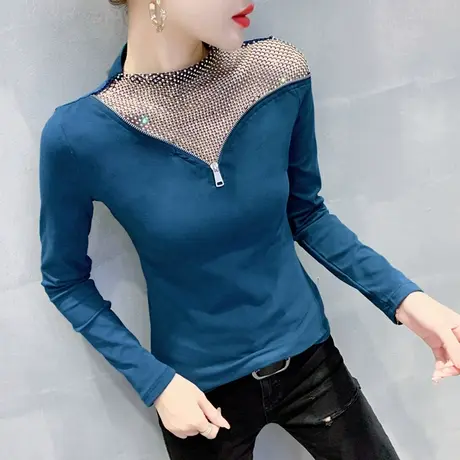 半高领打底衫女春秋时尚烫钻闪亮T恤女长袖性感镂空洋气质上衣潮商品大图