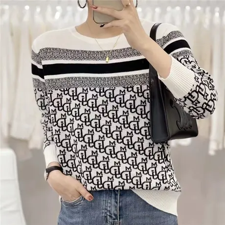 复古慵懒风字母提花针织毛衣女装2023秋冬新款薄款圆领打底衫上衣商品大图