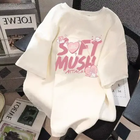 白色字母中长款短袖T恤女2023夏季新款纯棉欧货大版宽松上衣ins潮商品大图
