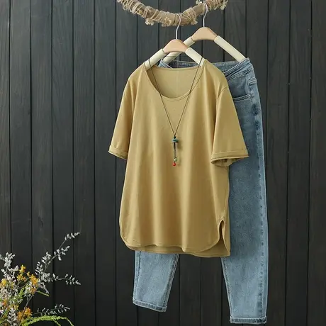 夏季2022新款纯色圆领棉质短袖T恤女士宽松圆弧下摆开叉薄款上衣商品大图