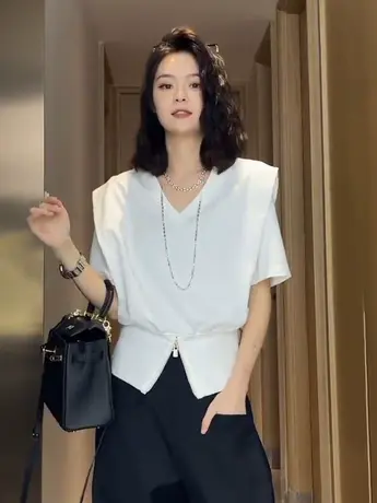 夏季新款欧货V领拉链短袖t恤女设计感小众短款收腰显瘦气质上衣潮商品大图