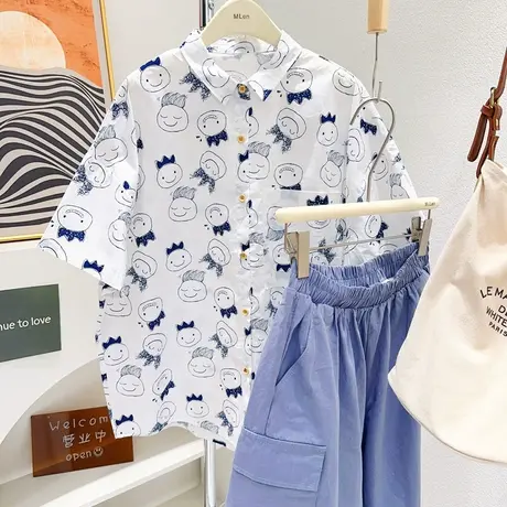 日系童趣减龄涂鸦头像衬衫夏季新款港风搞怪衬衣宽松学院风多巴胺图片