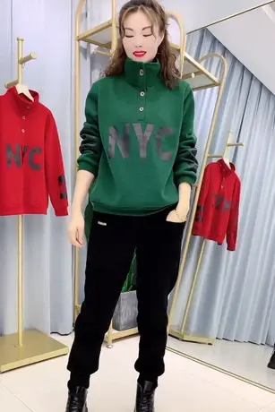 立领字母印花加绒加厚卫衣女加绒卫裤两件套ins潮冬套装显瘦女装图片