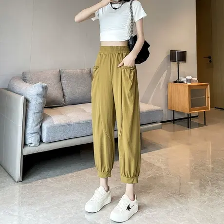 九分哈伦裤女夏季薄款高腰显瘦小个子休闲棉麻盘扣冰丝萝卜灯笼裤商品大图