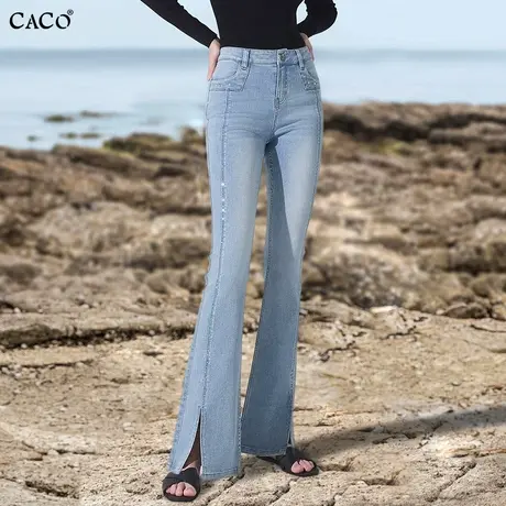 喇叭牛仔裤女开叉镶钻2025夏薄款高腰浅蓝色韩国原创设计感微喇裤商品大图