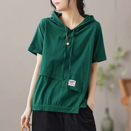 dza复古纯棉白色连帽短袖t恤女士夏季新款帽衫宽松打底衫薄款上衣商品大图