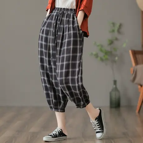 dza高腰显瘦120细支亚麻休闲裤女夏薄款九分宽松阔腿裤棉麻哈伦裤图片