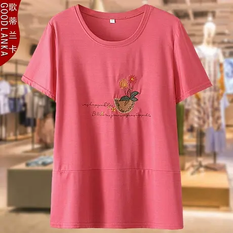 中年40-50岁妈妈装夏装短袖上衣洋气绣花加肥加大码女装薄款T恤衫商品大图