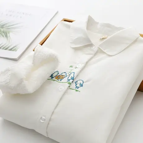 冬新款韩版文艺保暖打底衬衣女加厚学生宽松刺绣长袖加绒白色衬衫商品大图