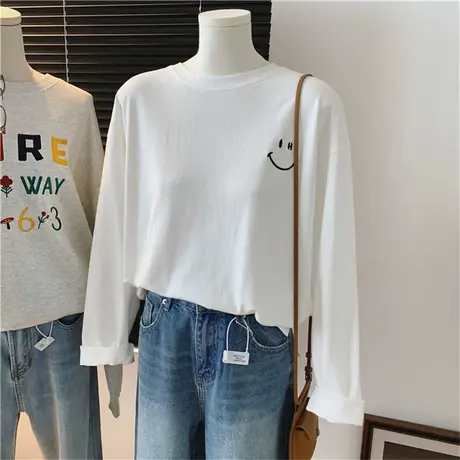 刺绣笑脸棉质宽松白色休闲圆领长袖打底衫韩版时尚女式微磨毛T恤商品大图