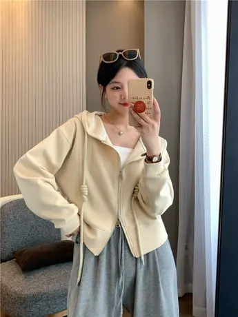 2023早秋新款韩版休闲百搭简约纯色短款连帽拉链卫衣外套上衣服女商品大图