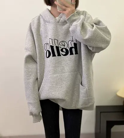 慵懒风BF字母连帽加绒加厚卫衣女情侣款大口袋休闲上衣2023冬季新图片