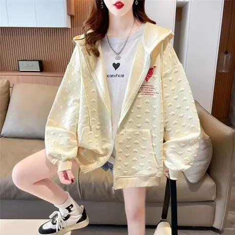 爱心华夫格卫衣女春秋季韩版宽松大码薄款早春百搭小个子开衫外套商品大图