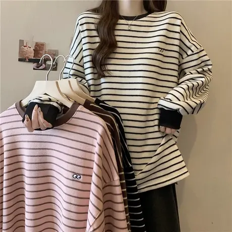 条纹开叉长袖T恤女德绒内搭秋冬装宽松显瘦中长款刺绣打底衫ins潮图片