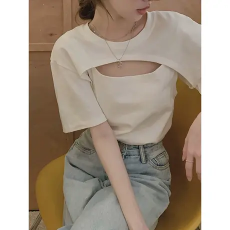 甜辣风假两件上衣夏季2023新款辣妹镂空t恤ins潮小众复古风短袖女商品大图