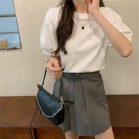 白色正肩短袖t恤女装夏季2024新款宽松别致泡泡袖上衣设计感小众商品大图