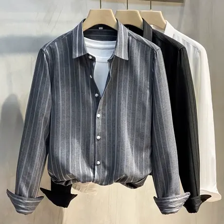 2023年秋冬新款条纹长袖衬衫男韩版免烫抗皱商务休闲衬衣帅气正装商品大图