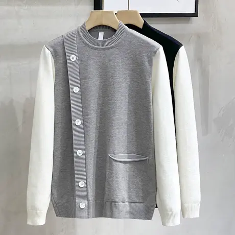 纽扣撞色秋冬季韩版学院风套头男士圆领毛衣潮流长袖打底针织衫男图片