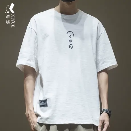希越日系简约重磅水洗短袖t恤男全棉刺绣宽松大码半截袖体恤衫潮图片