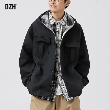 男士美式毛呢外套潮牌男春秋款连帽休闲宽松工装夹克呢子大衣风衣商品大图