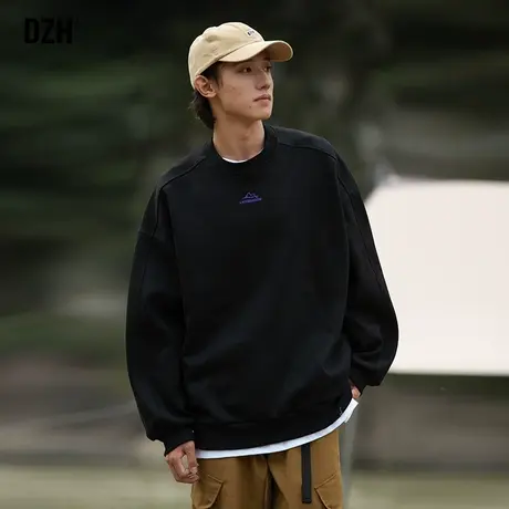 男士黑色刺绣圆领卫衣男春秋款潮牌宽松长袖上衣男装港风休闲外套商品大图