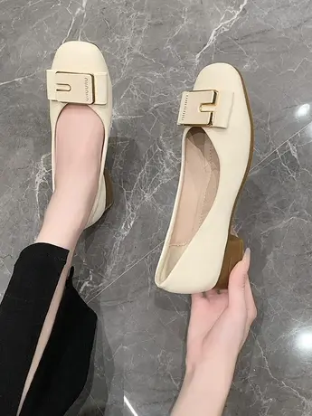 粗跟平底单鞋女2023年夏季新款百搭配裙子低跟一脚蹬软底豆豆鞋子商品大图