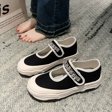帆布鞋女2023年新款夏季透气薄款玛丽珍鞋溶解厚底水钻魔术贴单鞋商品大图