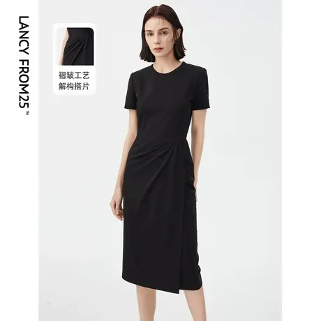 朗姿气质法式黑色针织抽褶连衣裙显瘦长裙女夏季新款高级感小黑裙商品大图