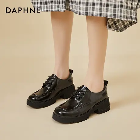 达芙妮粗跟乐福鞋女漆皮2022新款真皮厚底系带单鞋女英伦风小皮鞋图片