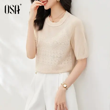 OSA欧莎温柔小香风轻薄显瘦提花短袖针织衫上衣女夏季2023年新款商品大图