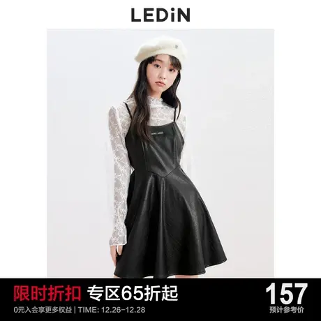 乐町复古吊带连衣裙休闲夏季新款女装漏腰镂空黑色PU皮设计感裙子商品大图