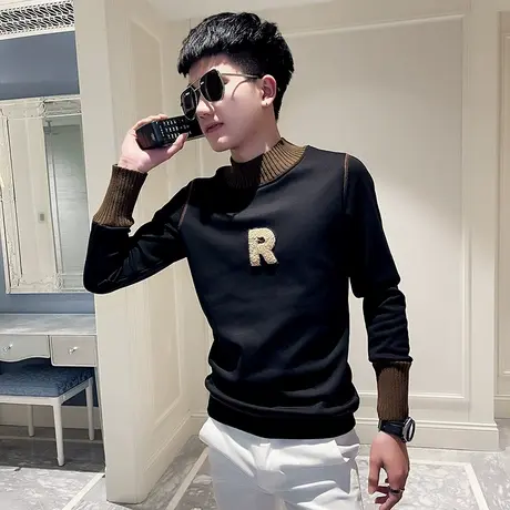 秋季男卫衣上衣打底衫修身套头长袖潮流高领简约快手字母拼色体恤商品大图