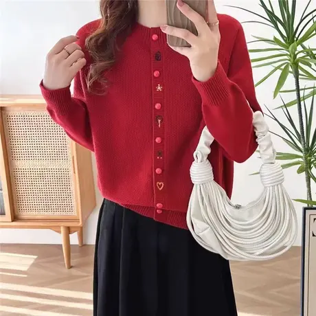 本命年红色毛衣女外套氛围感秋冬针织衫2023年新款宽松开衫春外穿商品大图