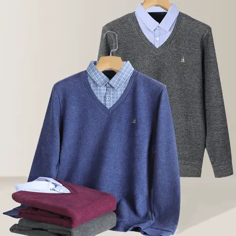 【清仓福利】红豆男装加绒假两件24秋冬保暖休闲衬衫领针织衫商品大图