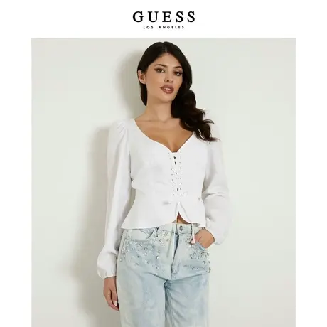 GUESS女士精致气质V领短款绑带收腰上衣-W4GH88WG7B0图片