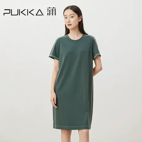 蒲PUKKA 原创春夏新品软糯高弹撞色拼接圆领短袖针织连衣裙图片