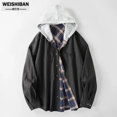 潮牌学院风格子拼接两面穿廓形开衫男连帽设计感撞色情侣卫衣外套商品大图