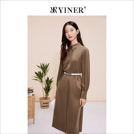 YINER音儿2023春季POLO领H型真丝缎面衬衫式连衣裙图片