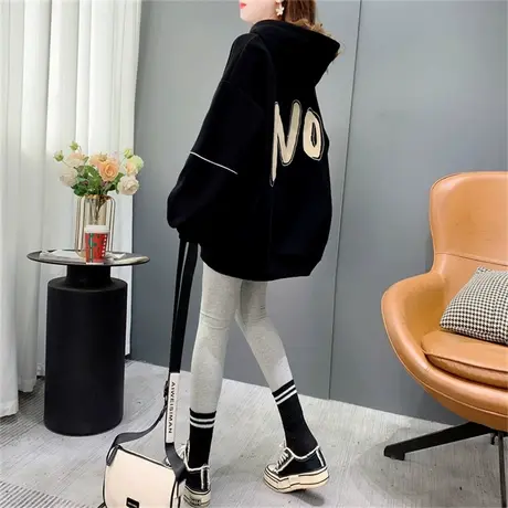 加绒加厚字母印花连帽卫衣女中长款2022新款秋冬宽松慵懒风外套潮商品大图