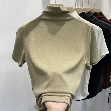 高领纯色短袖T恤女早秋季2024年新款修身高腰半袖体恤打底衫上衣图片
