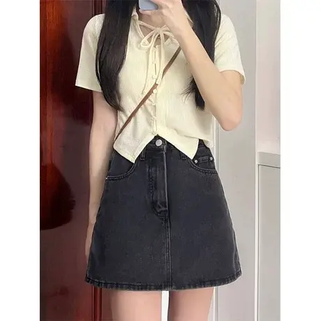 正肩设计感绑带短袖t恤女2023夏季小众别致chic甜辣妹短款上衣服商品大图