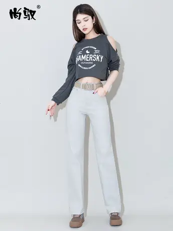 高级月光灰弹力高腰牛仔直筒裤2024年春新款拖地裤韩版百搭女裤子商品大图